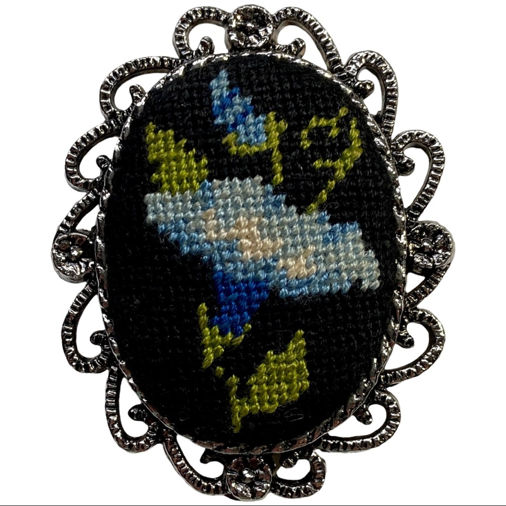 Vintage Embroidered Floral Brooch Needlepoint Petit Point in Antiqued Gold Frame